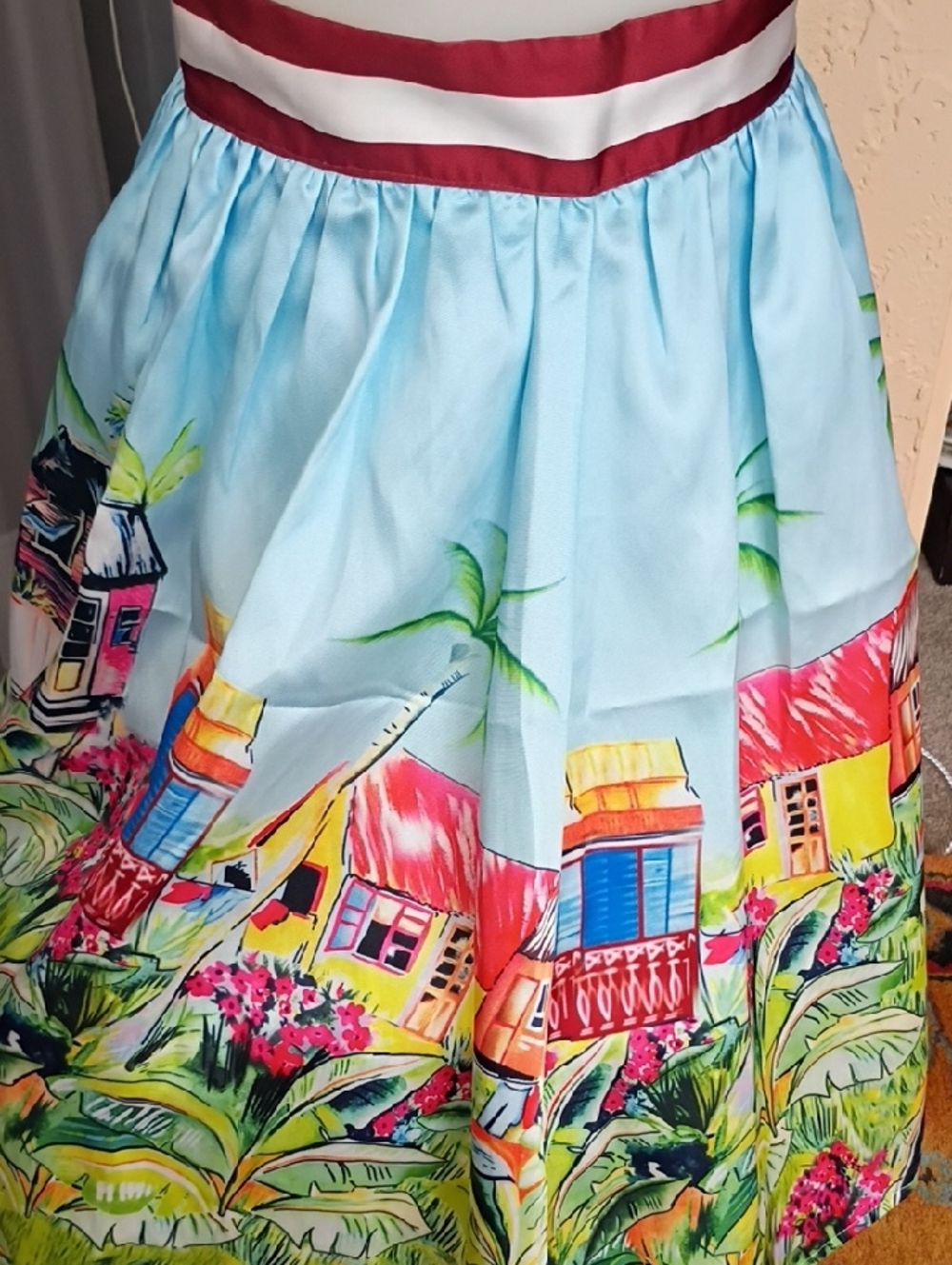 Tropical Print Midi Skirt in Light Blue and Red
